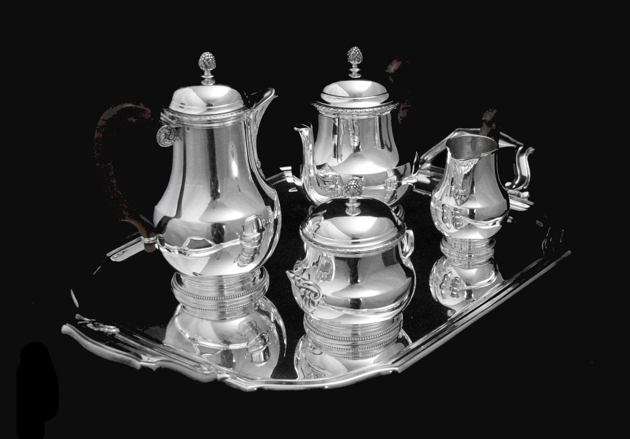 Puiforcat / Hermes - Antique 5pc. French 950 Sterling Silver Tea Set, Louis  XVI + Serving Tray & Stoerage Wraps, 1890s
