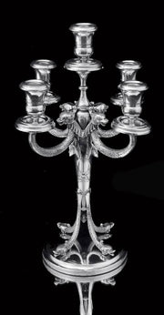 German - Two 5-Candle 20th Century Silver Candelabra + Storage Wraps.