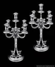 German - Two 5-Candle 20th Century Silver Candelabra + Storage Wraps.