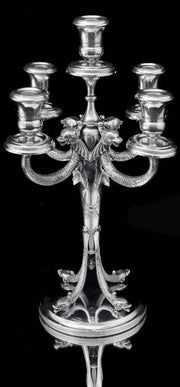 German - Two 5-Candle 20th Century Silver Candelabra + Storage Wraps.