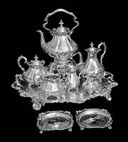 SAVORY And Sons - 9pc. 19th Century Victorian (British) Sterling Silver Tea Set + Storage Wraps.