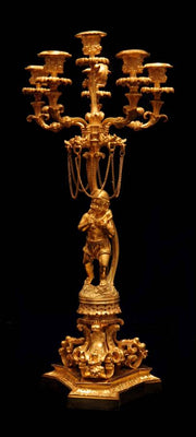 French - Two 19th Century Gold Plated Bronze 6-Candle Candelabra + Storage Wraps, Museum Quality