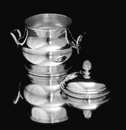 Puiforcat / Hermes - Antique 5pc. French 950  Sterling Silver Tea Set, Louis XVI + Serving Tray & Stoerage Wraps, 1890s