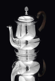 Puiforcat / Hermes - Antique 5pc. French 950  Sterling Silver Tea Set, Louis XVI + Serving Tray & Stoerage Wraps, 1890s